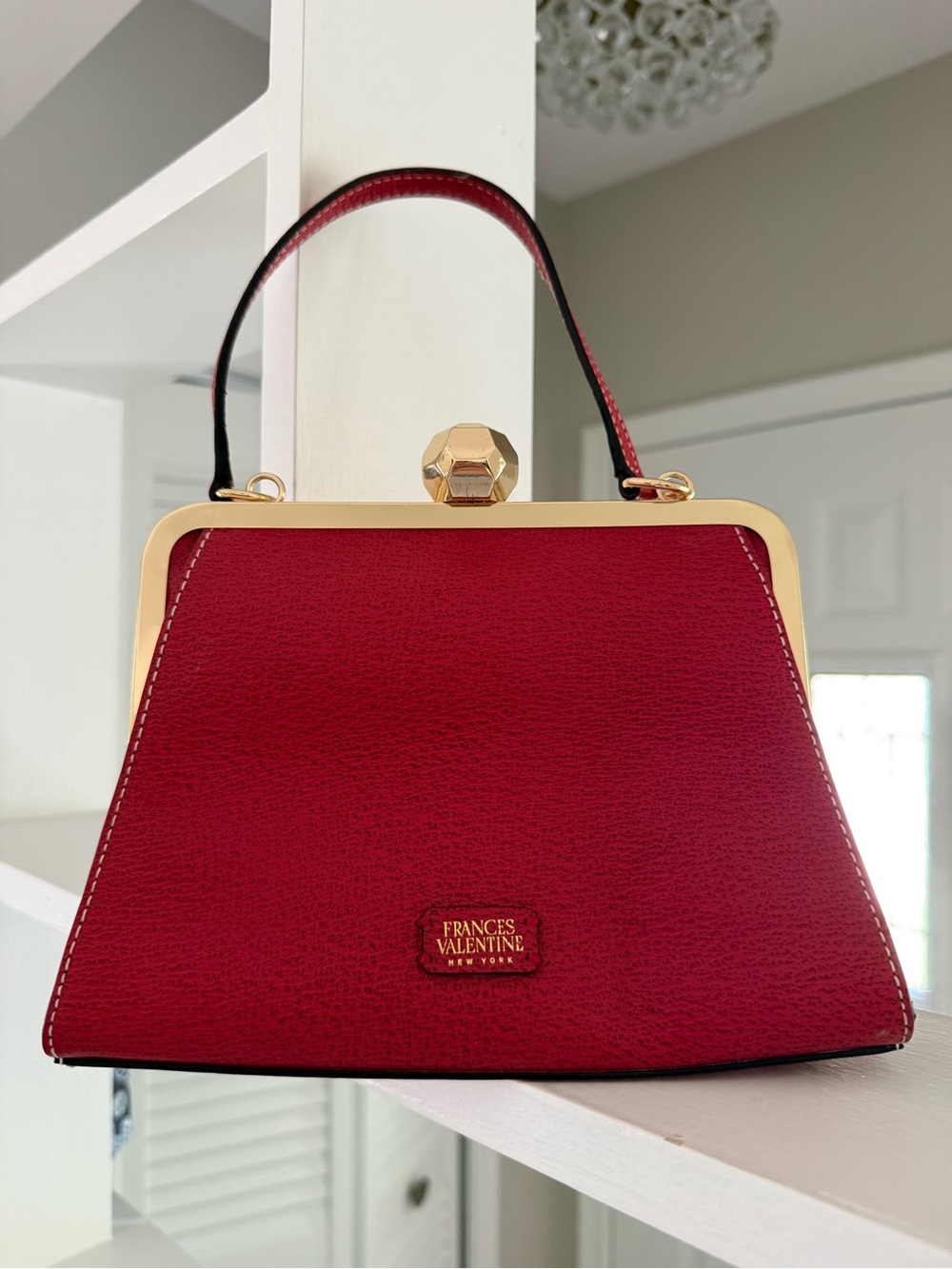 Frances Valentine Red Leather Frame-Top Satchel with Gold Hardware